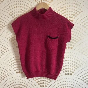Vintage 80s SMALL Fuschia Pocket Sweater  Short Sleeve Preppy